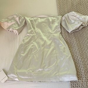 Abercrombie & Fitch Iridescent White Satin Off-Shoulder Mini Dress